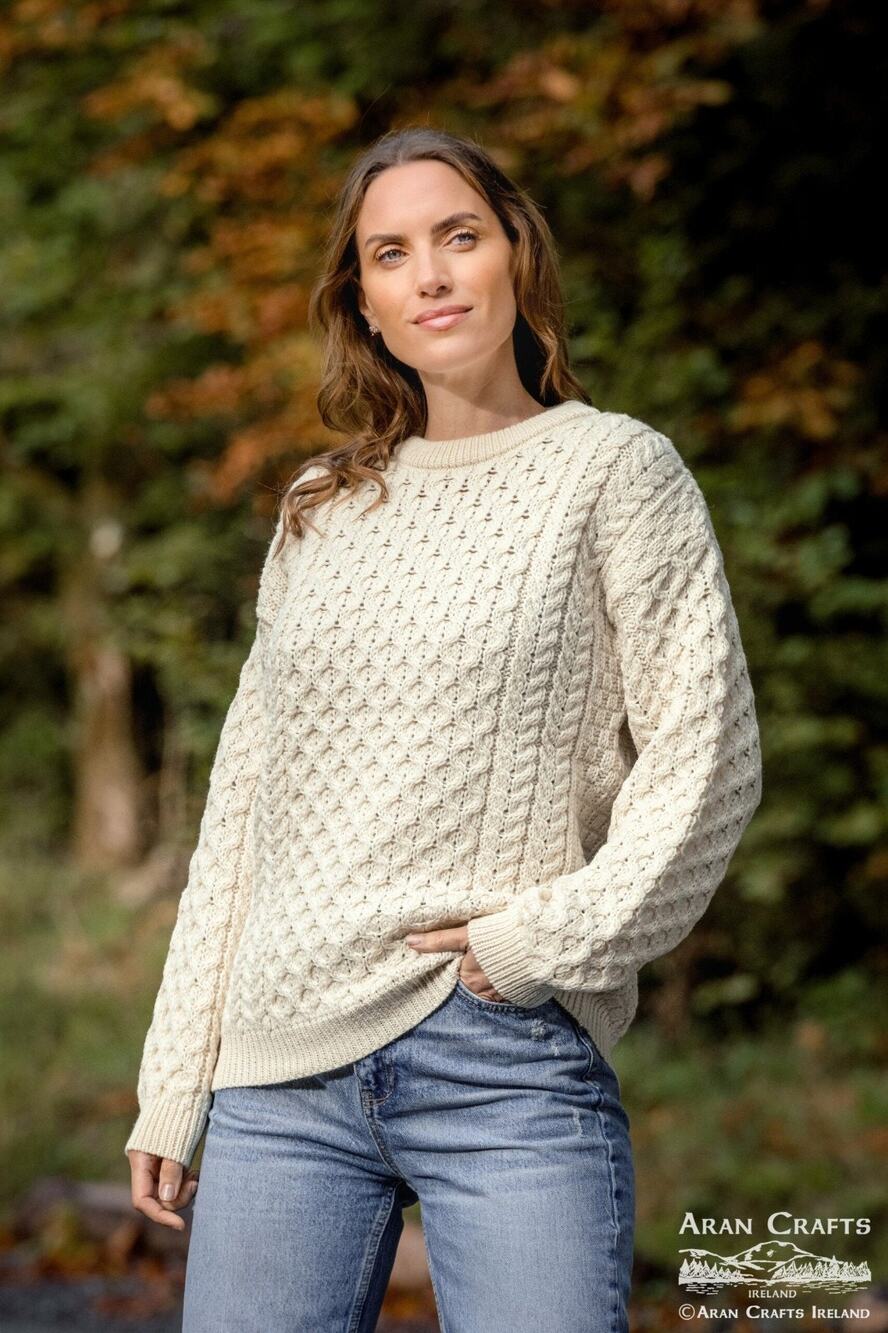 Aran Crafts 100% Ireland Wool Honeycomb Fisherman Cable Knit Sweater Sz XS